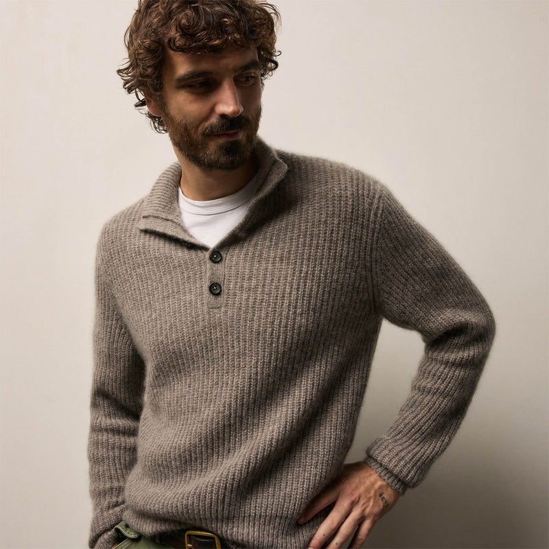 Lightweight Cashmere 1/4 Button Sweater in Beige Melange | James Perse Los Angeles