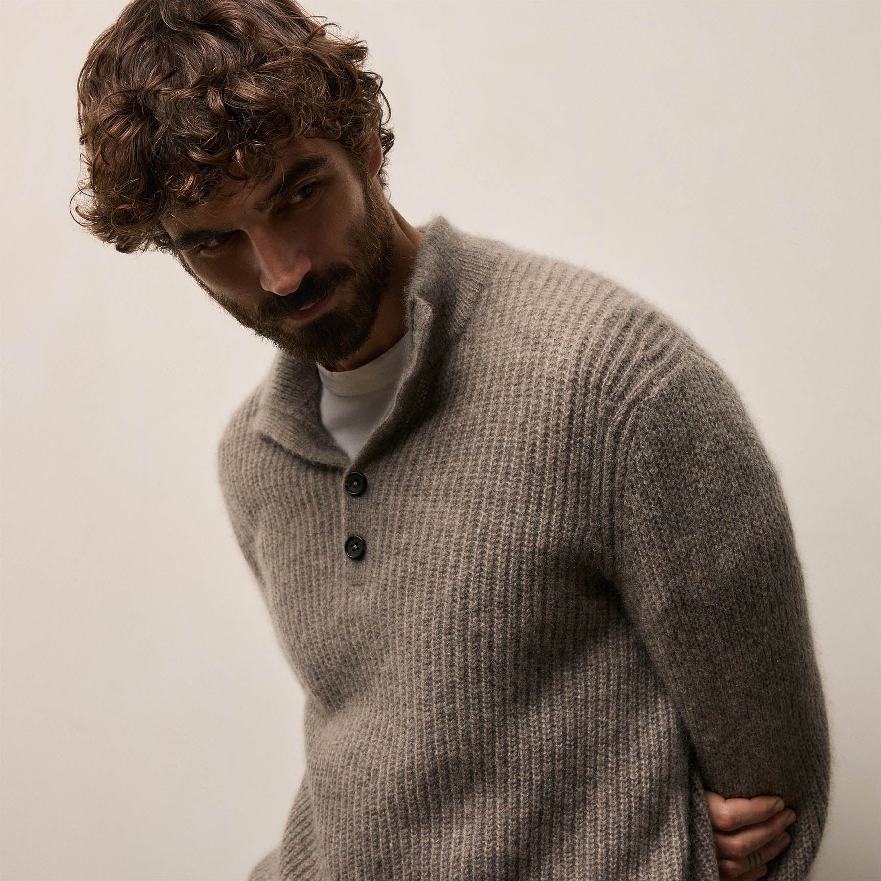 Lightweight Cashmere 1/4 Button Sweater in Beige Melange | James Perse Los Angeles