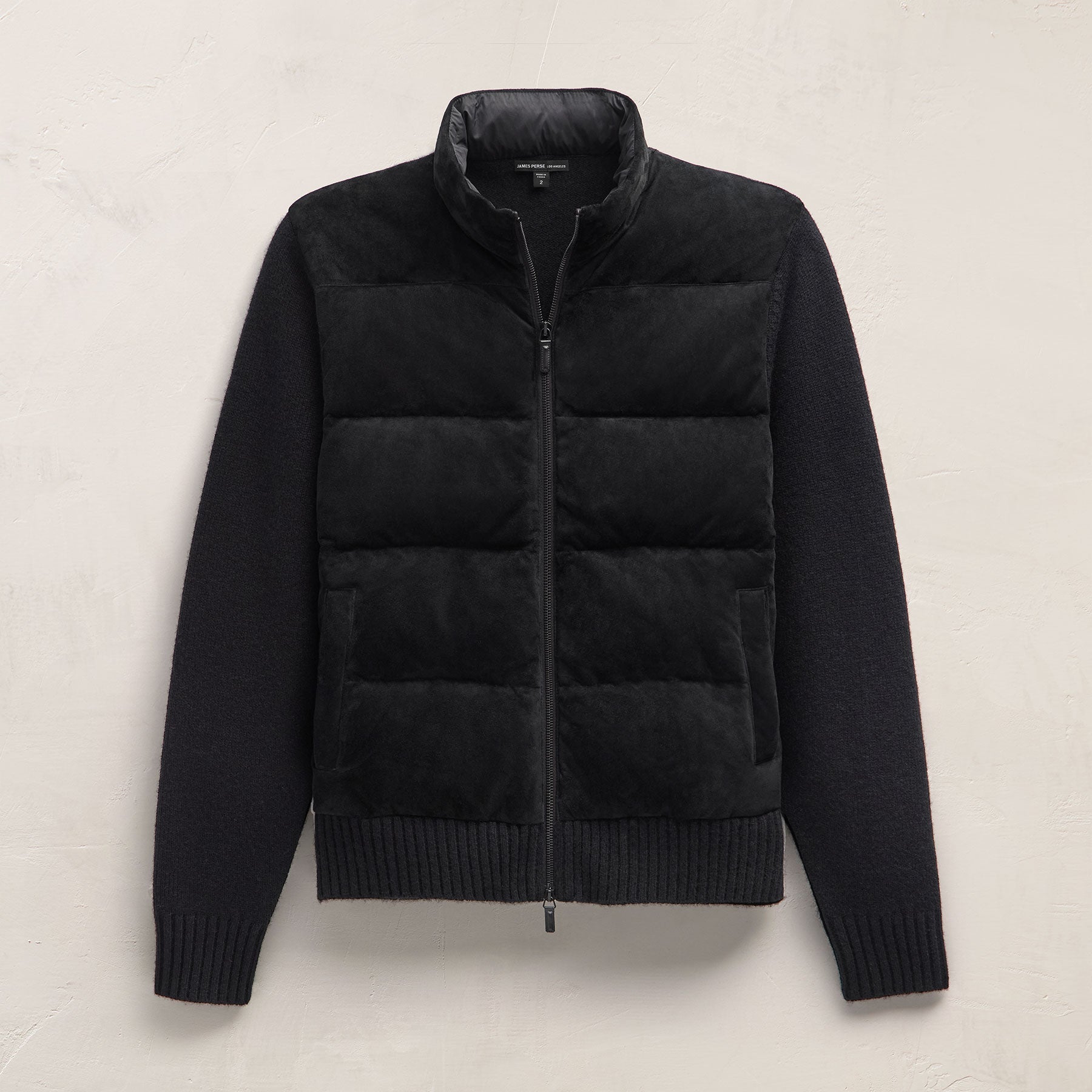Suede Front Zip Up Sweater - Black | James Perse Los Angeles