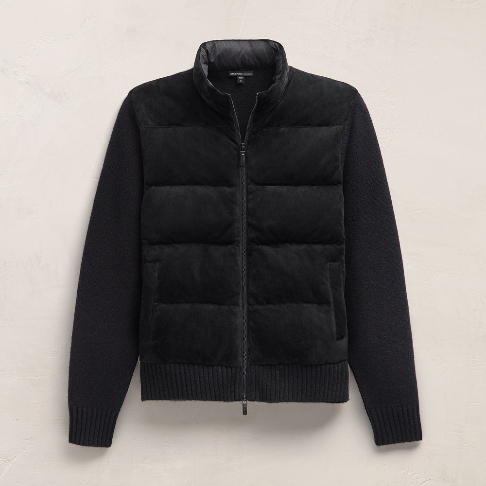 Suede Front Zip Up Sweater in Black | James Perse Los Angeles FLAT