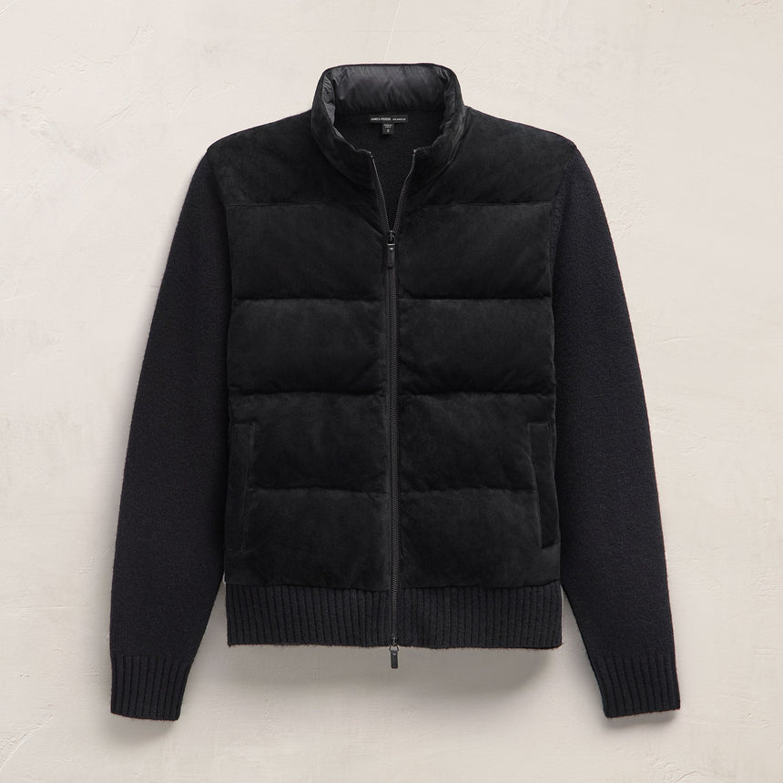Suede Front Zip Up Sweater in Black | James Perse Los Angeles FLAT