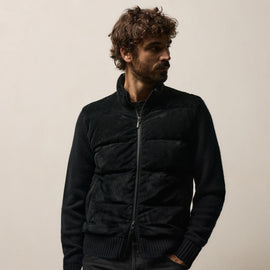 Suede Front Zip Up Sweater in Black | James Perse Los Angeles