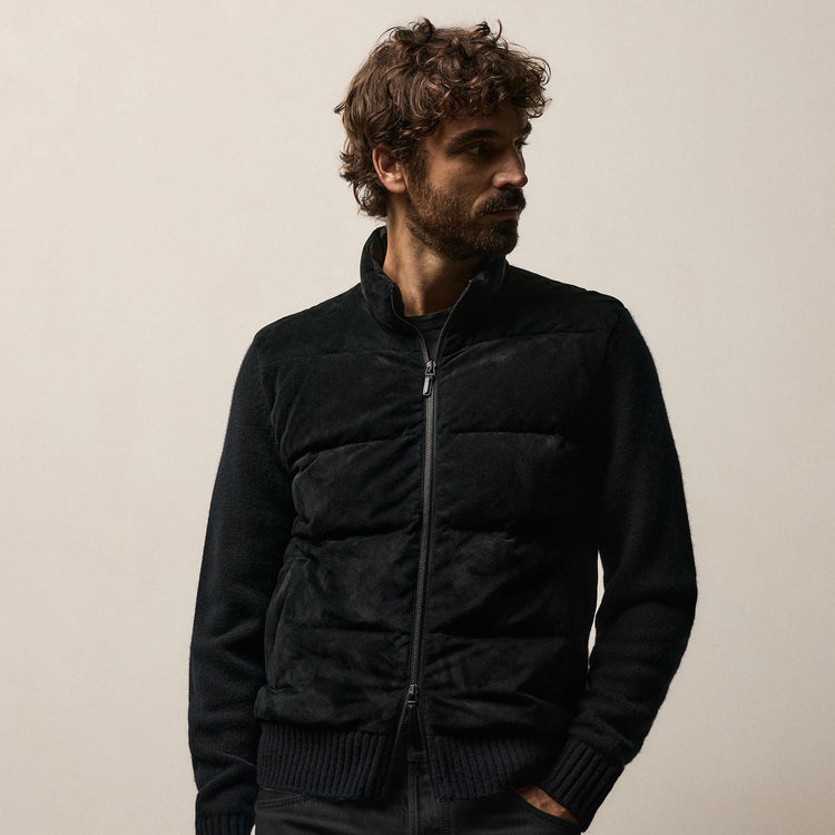 Suede Front Zip Up Sweater in Black | James Perse Los Angeles