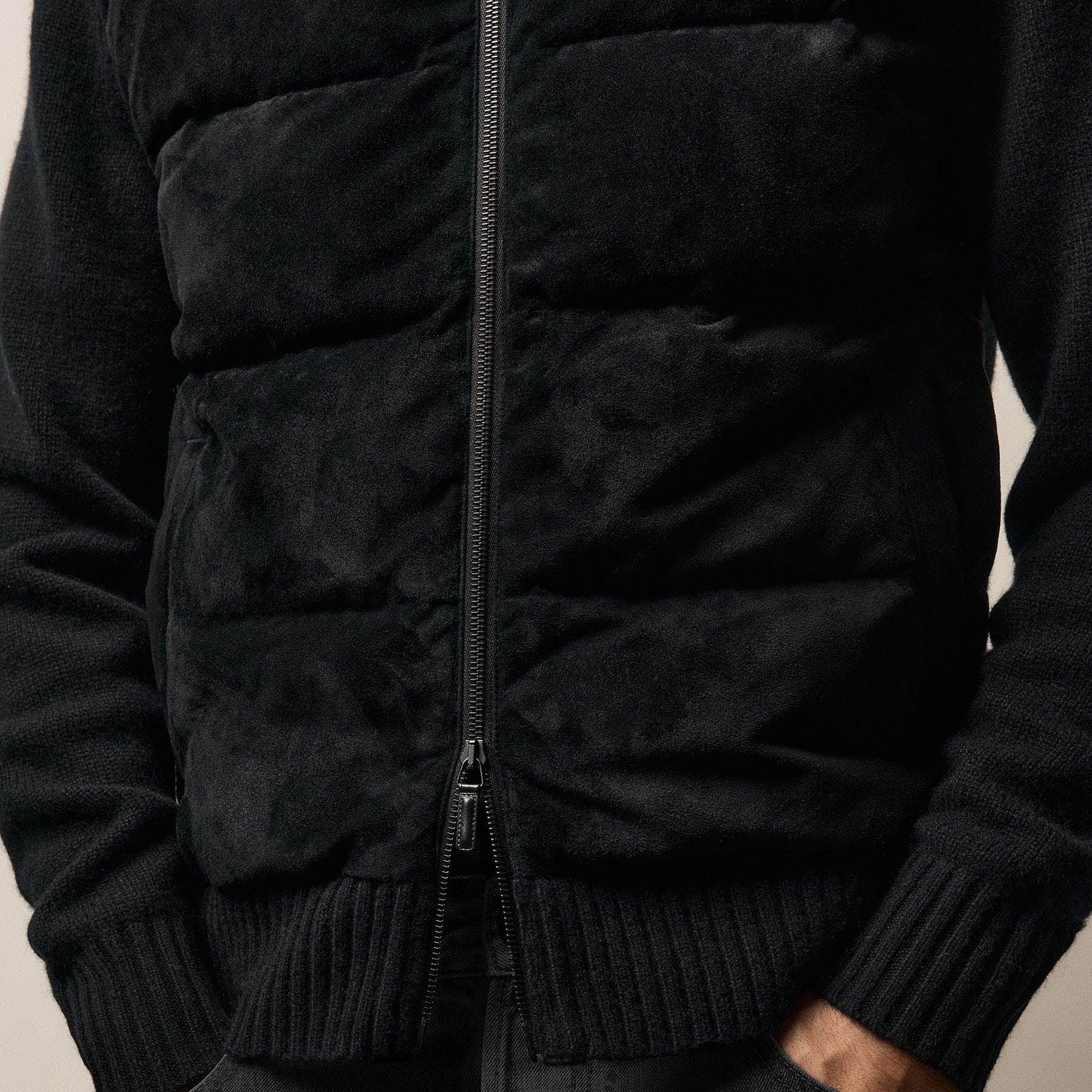 Suede Front Zip Up Sweater in Black | James Perse Los Angeles