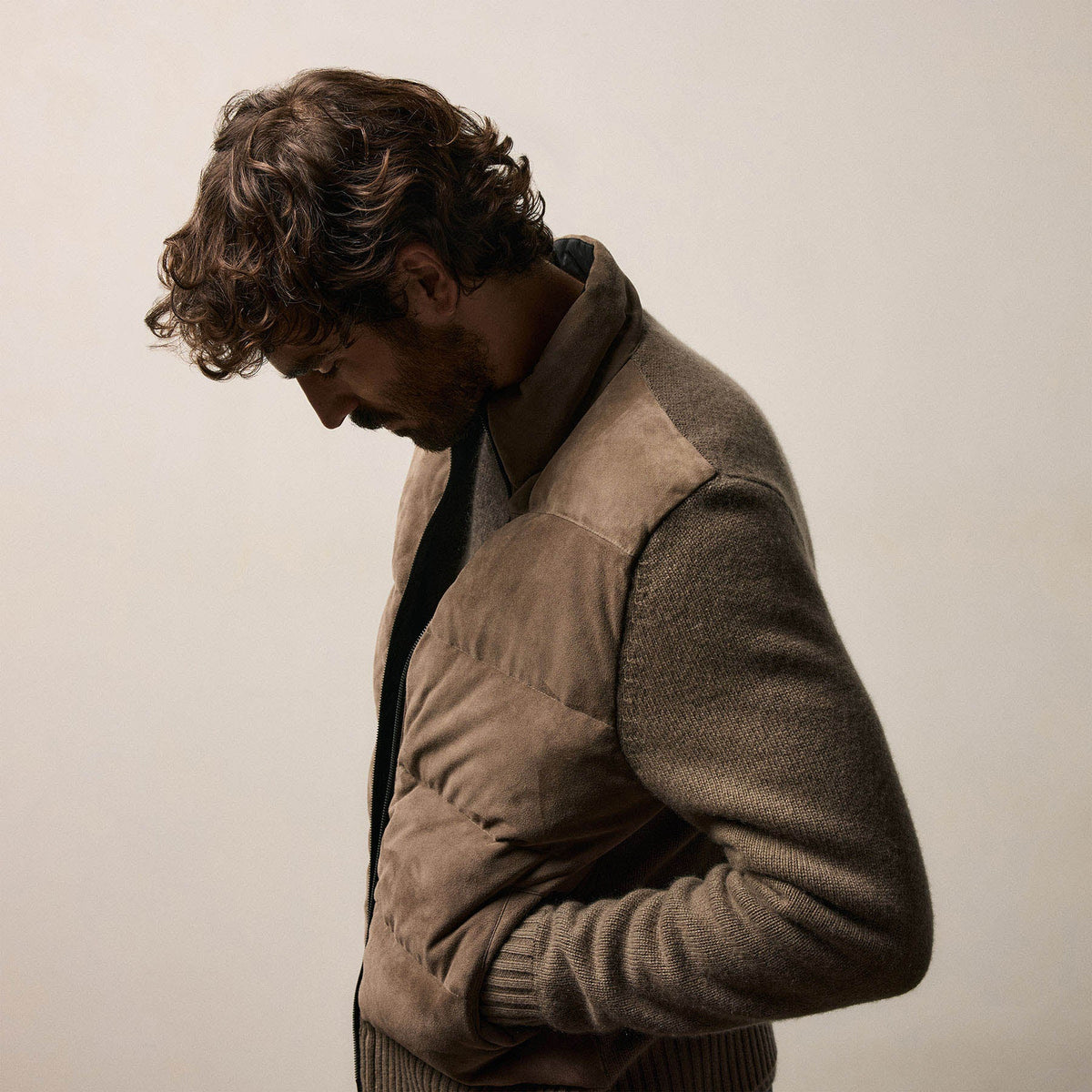 Suede Front Zip Up Sweater in Caribou | James Perse Los Angeles