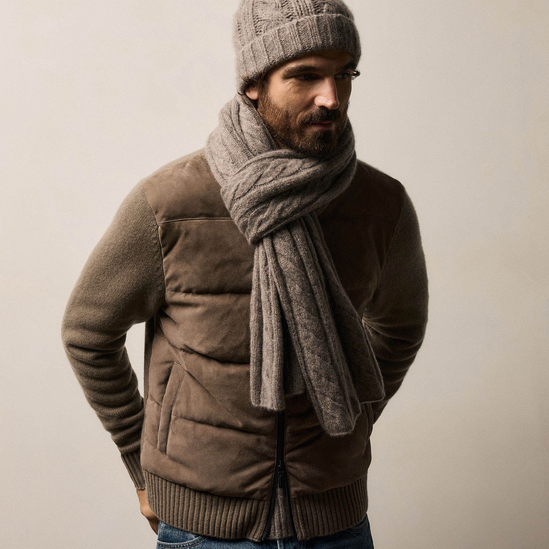 Suede Front Zip Up Sweater - Caribou | James Perse Los Angeles