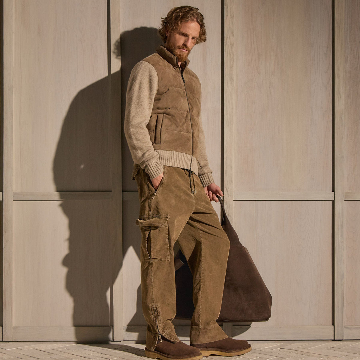 Suede Front Zip Up Sweater in Coyote | James Perse Los Angeles