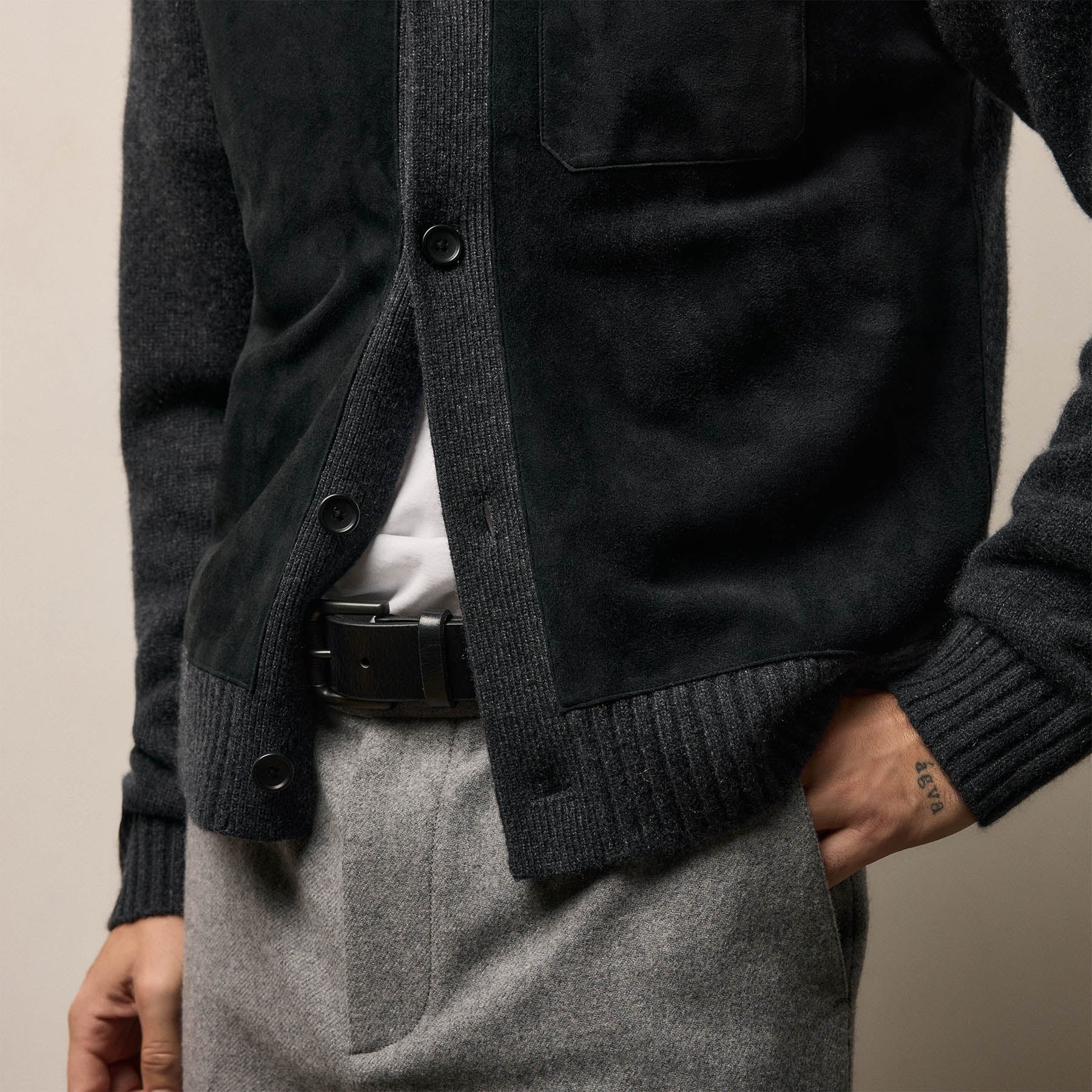 Suede Front Cashmere Cardigan - Coal | James Perse Los Angeles