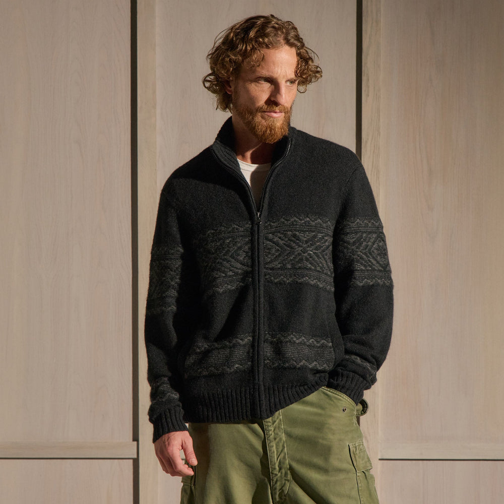 Camel Hair Fair Isle Zip Front in Black/Anthracite | James Perse Los Angeles