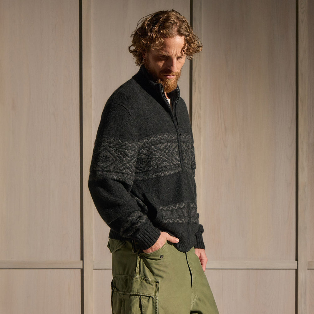 Camel Hair Fair Isle Zip Front in Black/Anthracite | James Perse Los Angeles