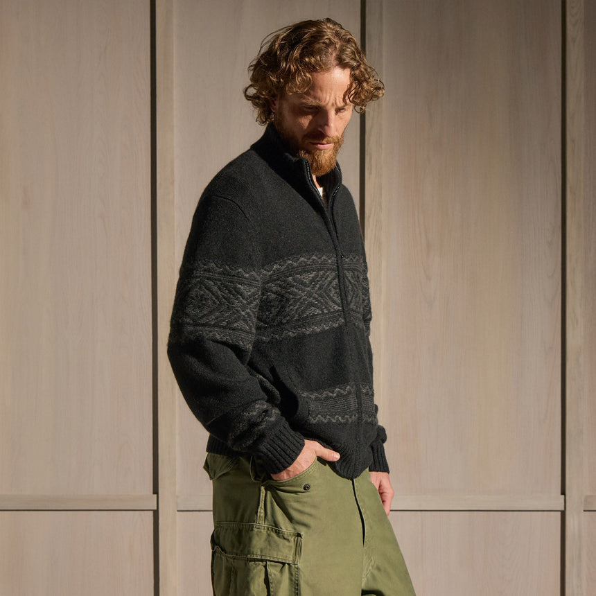 Camel Hair Fair Isle Zip Front in Black/Anthracite | James Perse Los Angeles
