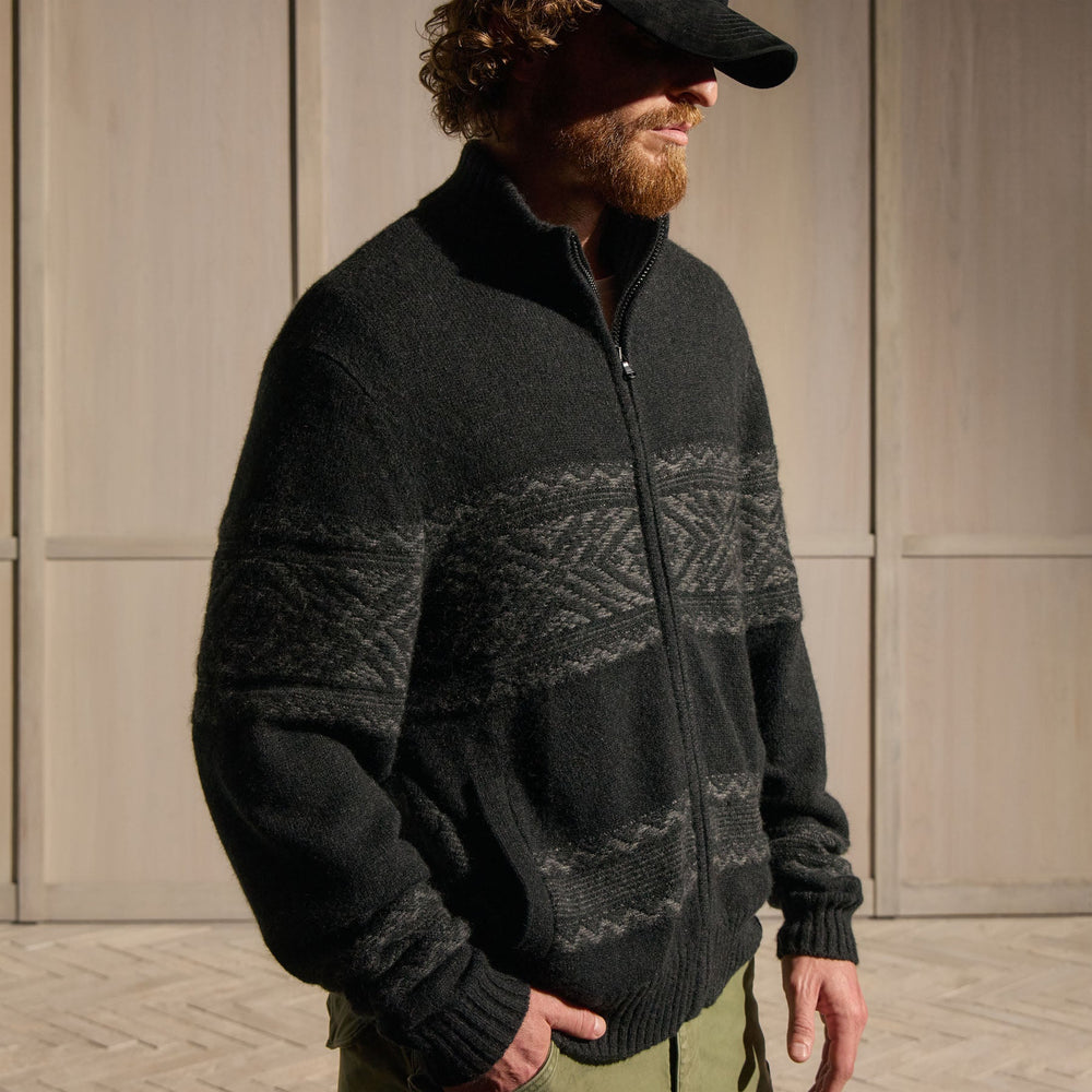 Camel Hair Fair Isle Zip Front in Black/Anthracite | James Perse Los Angeles