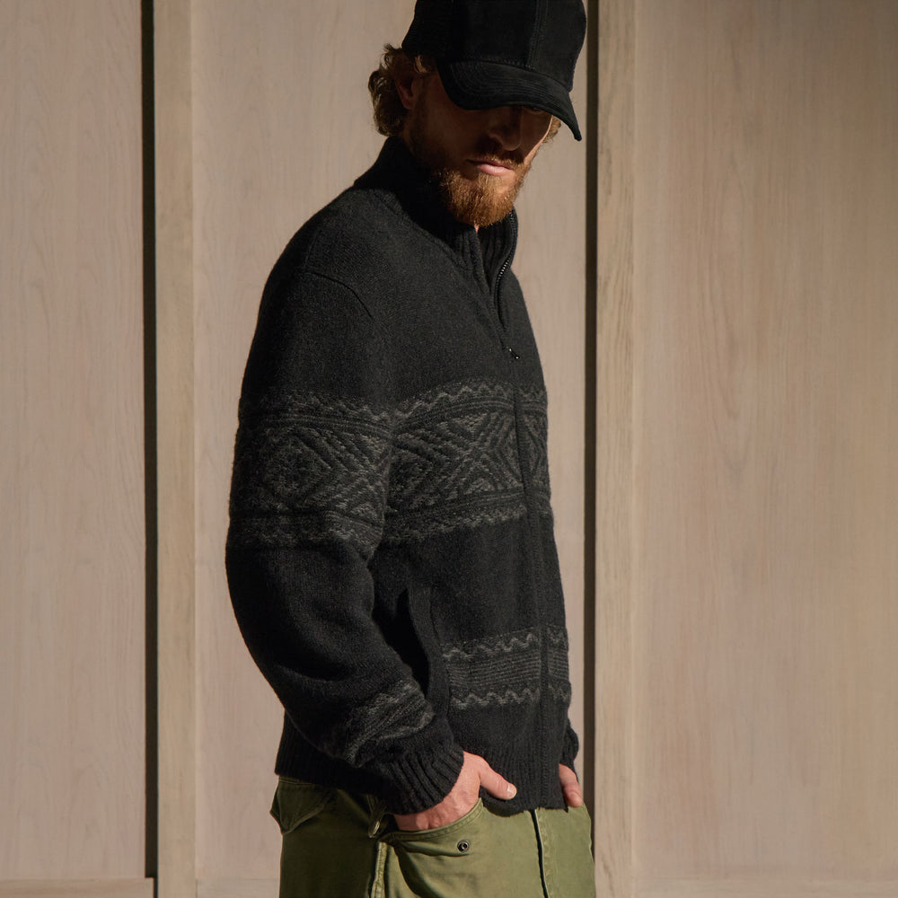 Camel Hair Fair Isle Zip Front - Black/Anthracite