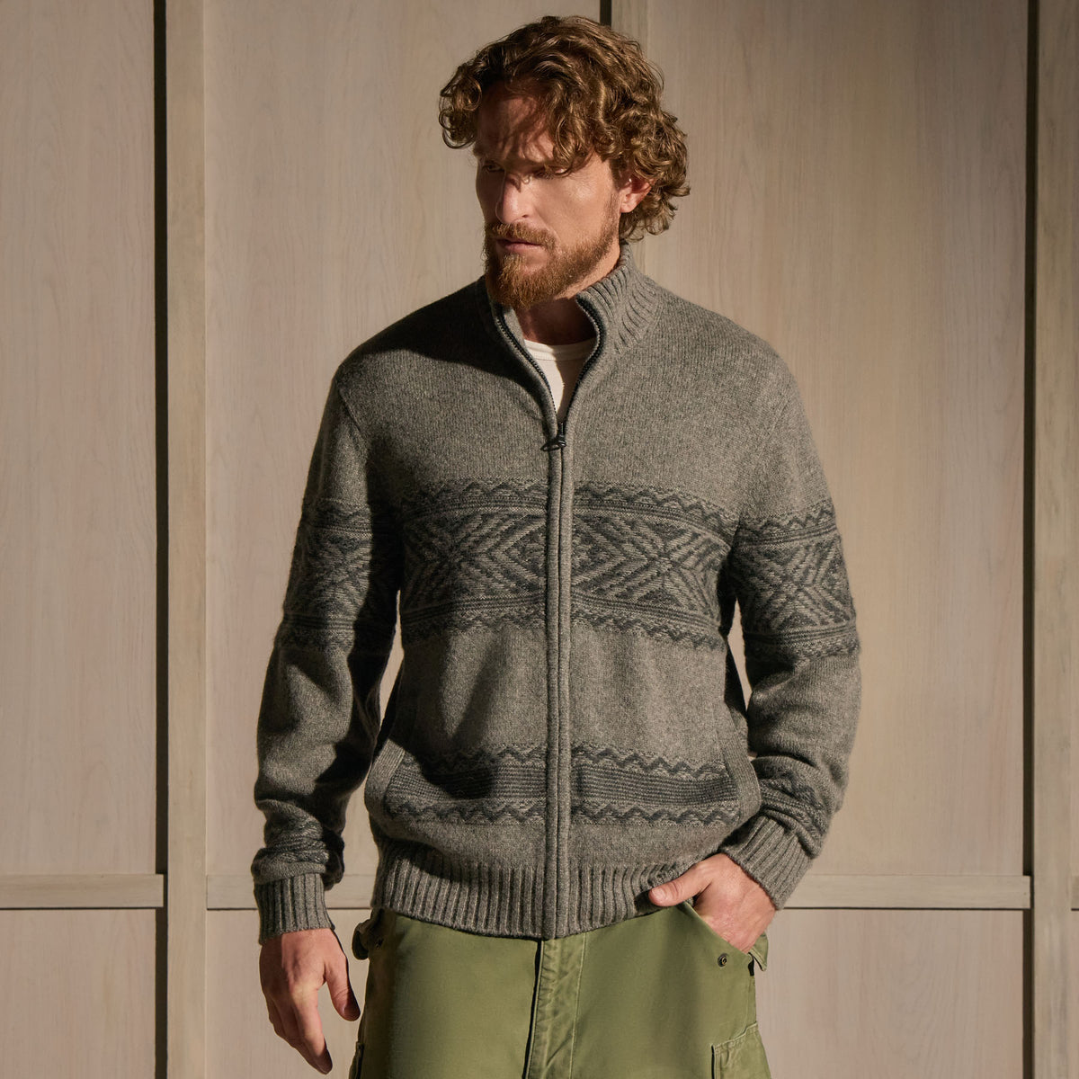Camel Hair Fair Isle Zip Front - Mid Grey/Anthracite