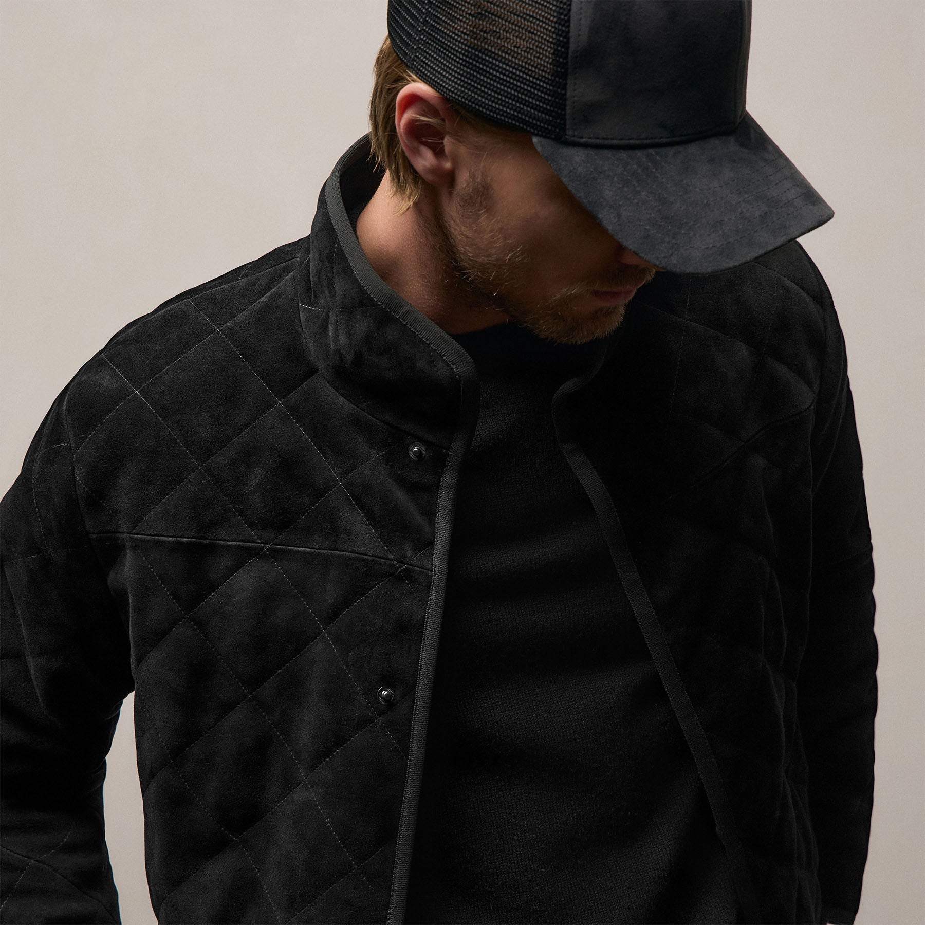 Quilted Suede Snap Front Jacket - Black | James Perse Los Angeles