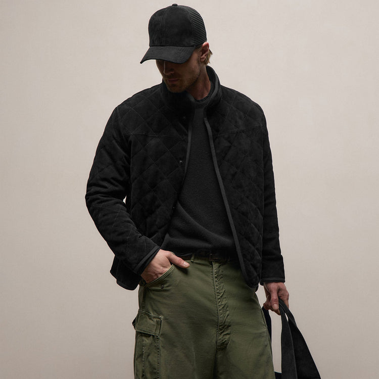 Quilted Suede Snap Front Jacket in Black | James Perse Los Angeles