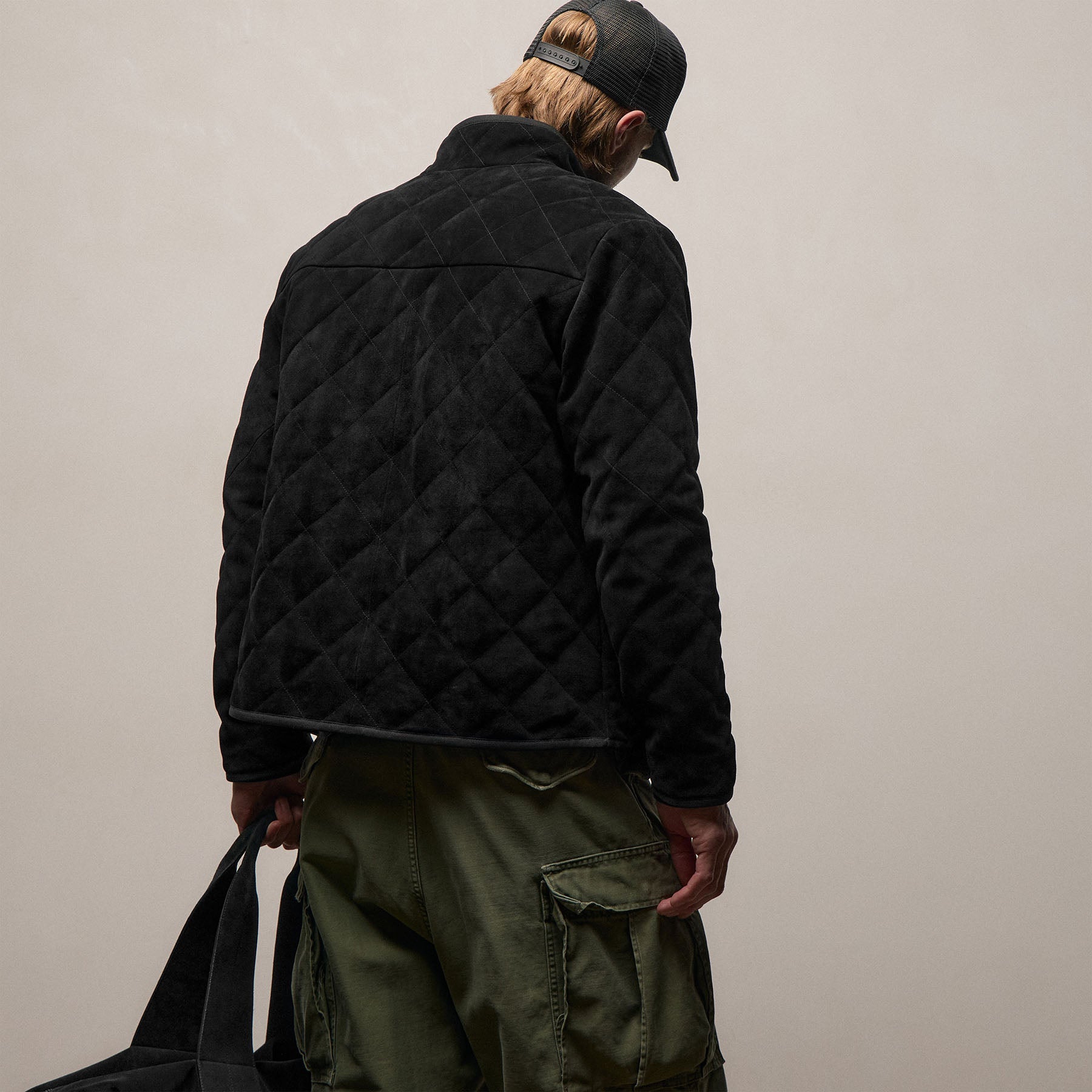 Quilted Suede Snap Front Jacket - Black | James Perse Los Angeles