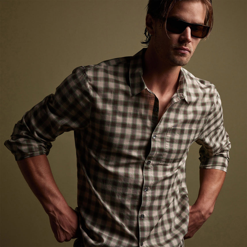 Cotton Plaid Shirt in Mineral/Jungle | James Perse Los Angeles