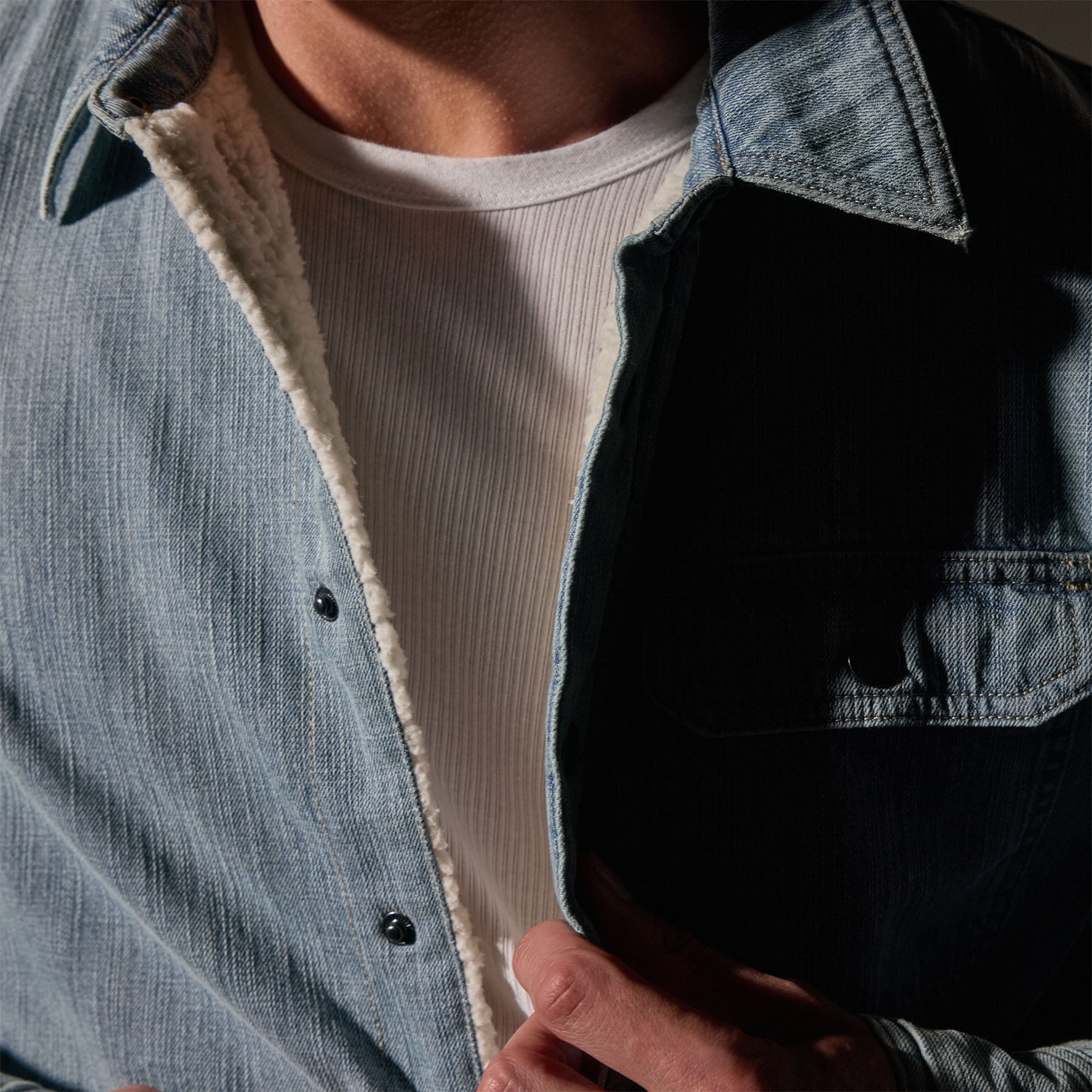 Denim Sherpa Shirt Jacket - Bleach Wash | James Perse Los Angeles