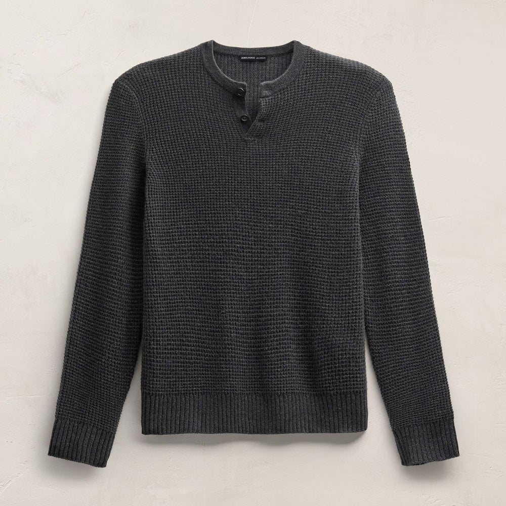 Soft Featherweight Cashmere Waffle Henley in Coal | James Perse Los Angeles