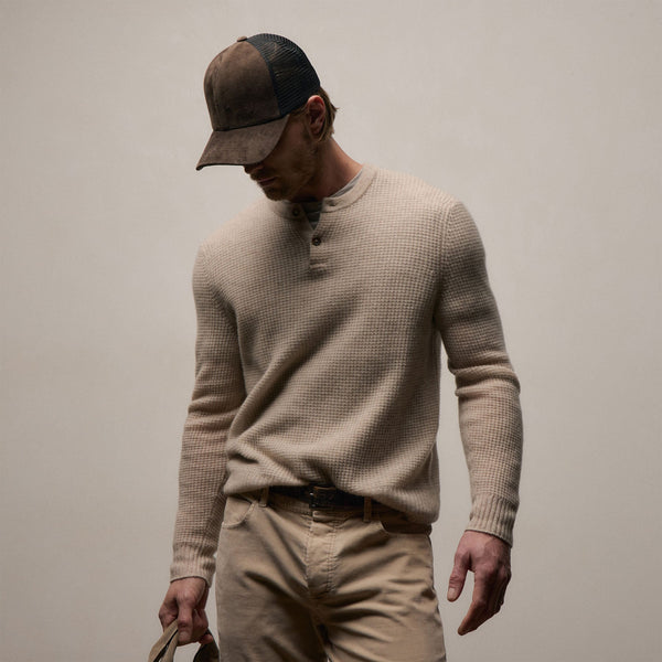 Soft Featherweight Cashmere Waffle Henley in Light Beige | James Perse Los Angeles