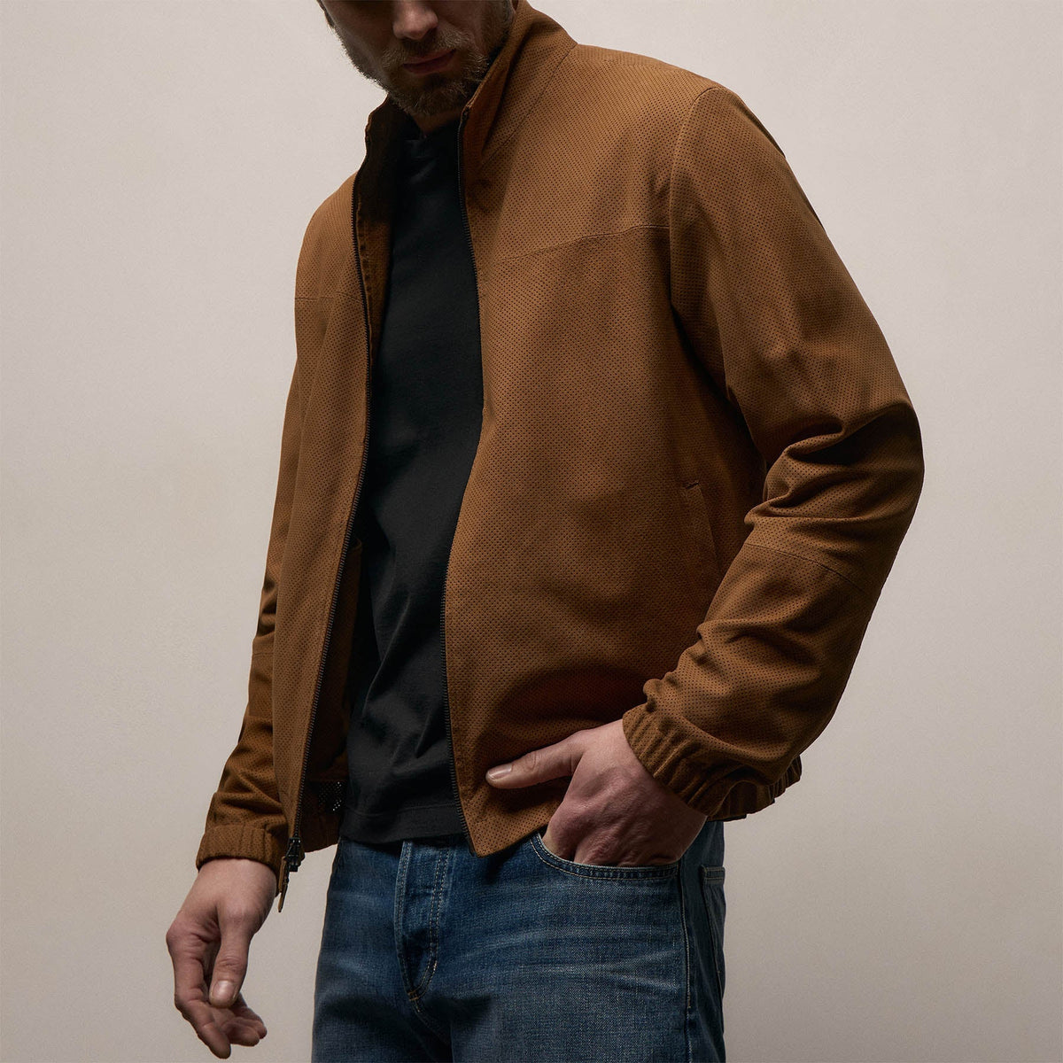 Perforated Suede Sport Jacket in Gingerbread | James Perse Los Angeles