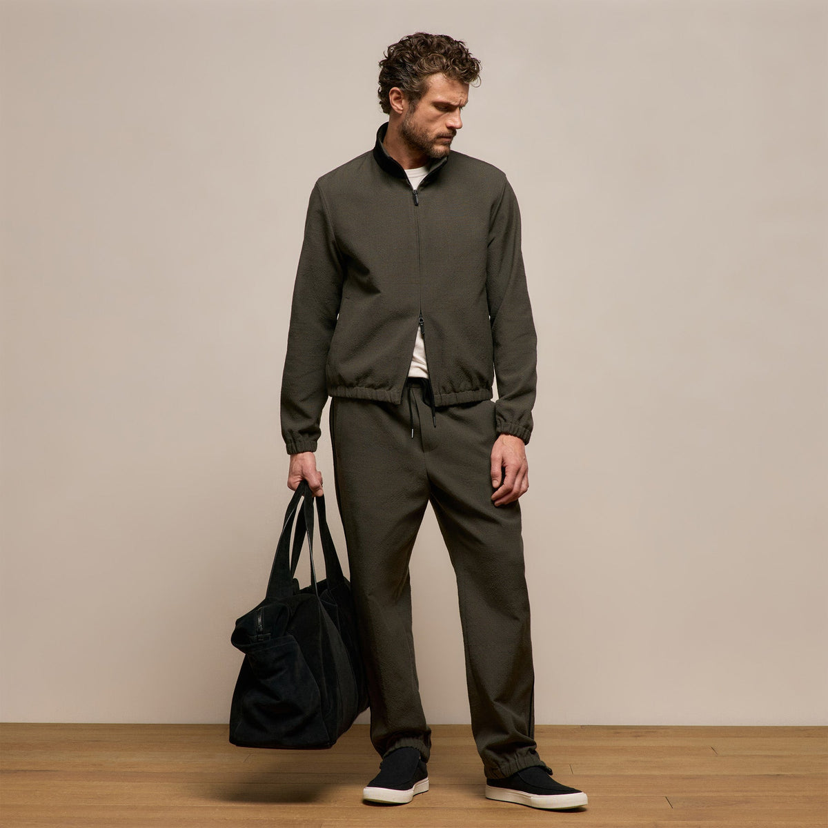 Suede Trimmed Track Pant in Dark Olive/Black | James Perse Los Angeles