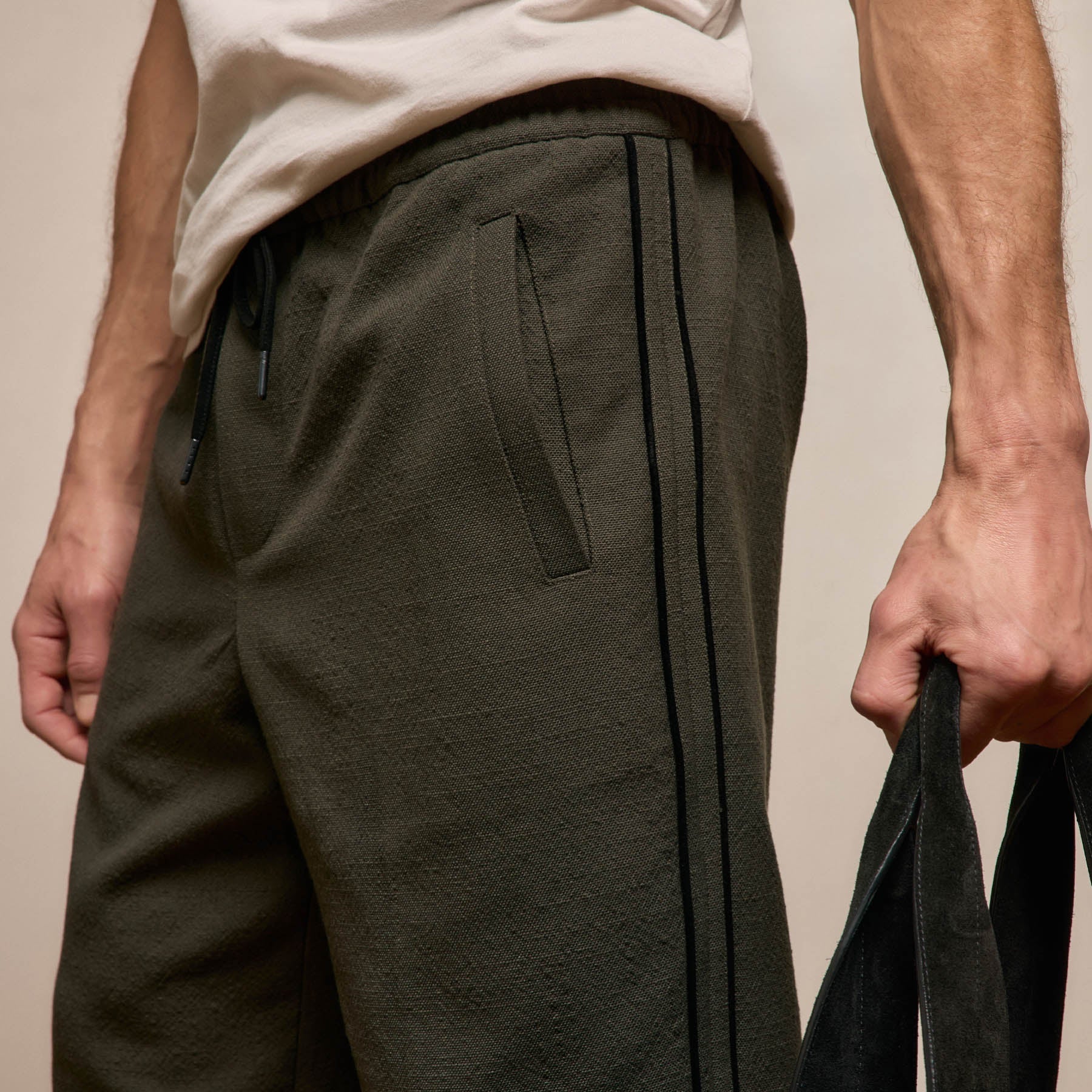 Suede Trimmed Track Pant in Dark Olive/Black | James Perse Los Angeles