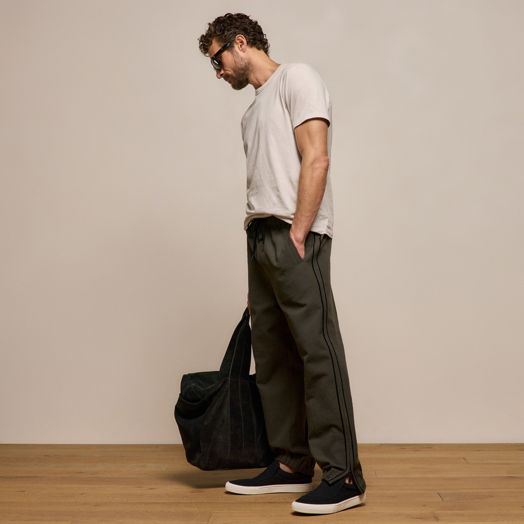Suede Trimmed Track Pant in Dark Olive/Black | James Perse Los Angeles