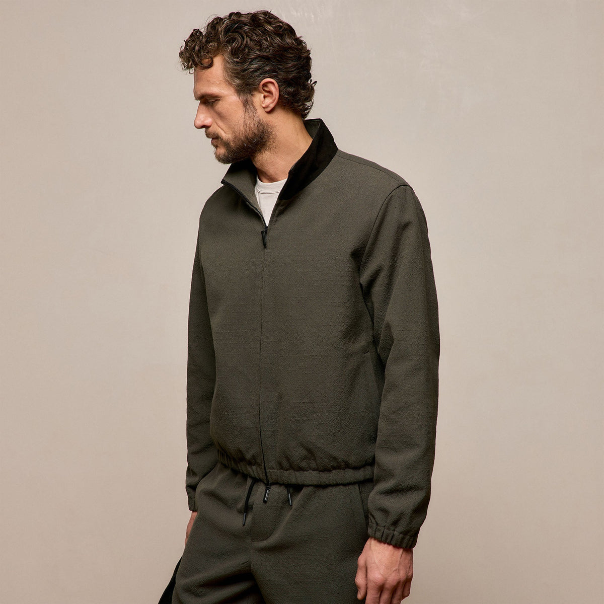 Suede Trimmed Track Jacket in Dark Olive/Black | James Perse Los Angeles
