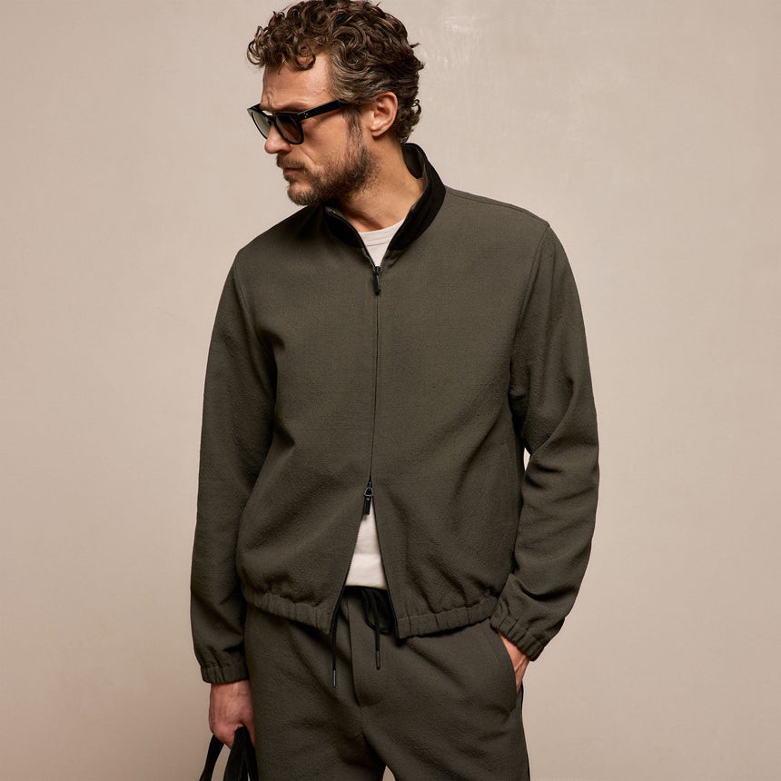 Suede Trimmed Track Jacket in Dark Olive/Black | James Perse Los Angeles