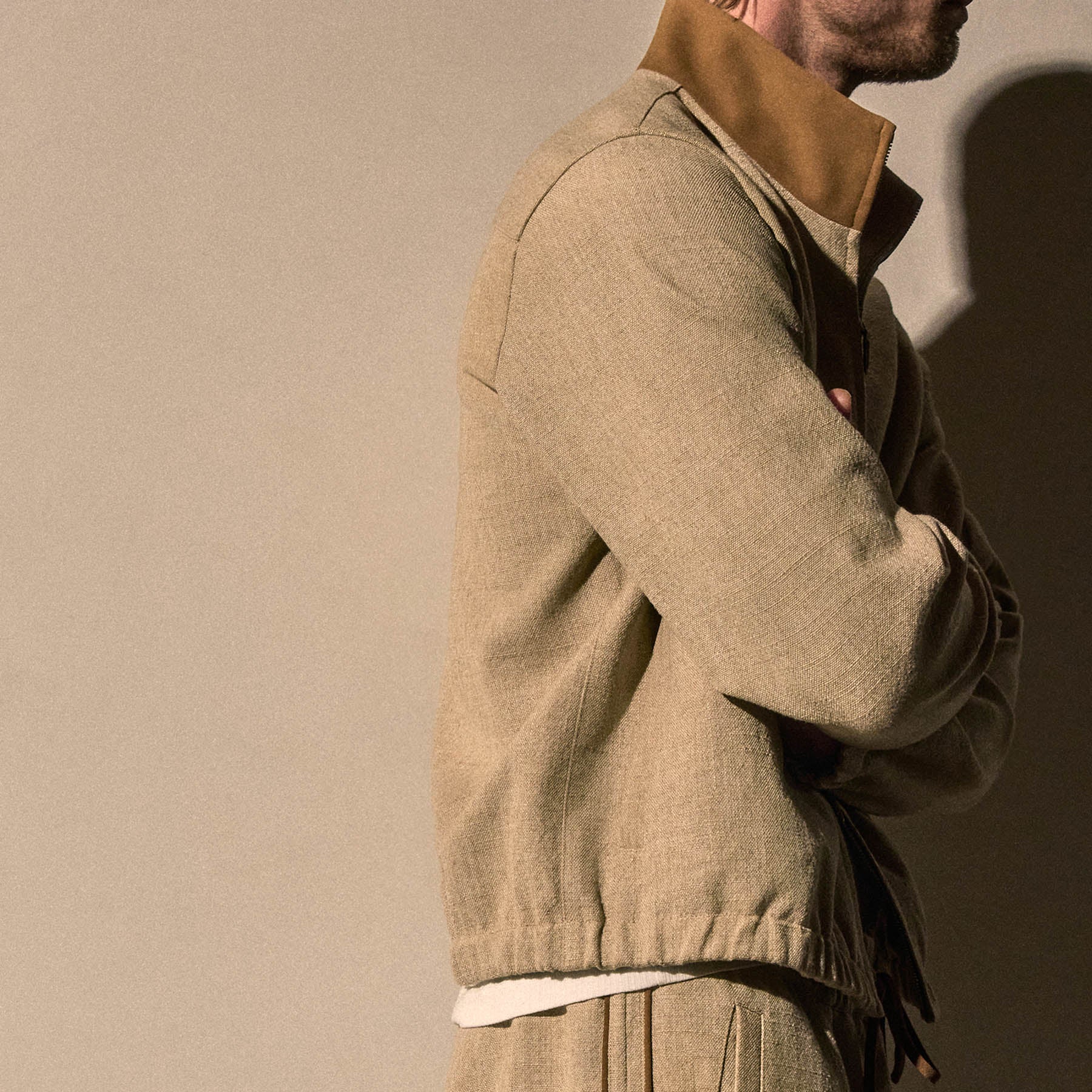 Suede Trimmed Track Jacket - Natural/Tobacco | James Perse Los Angeles