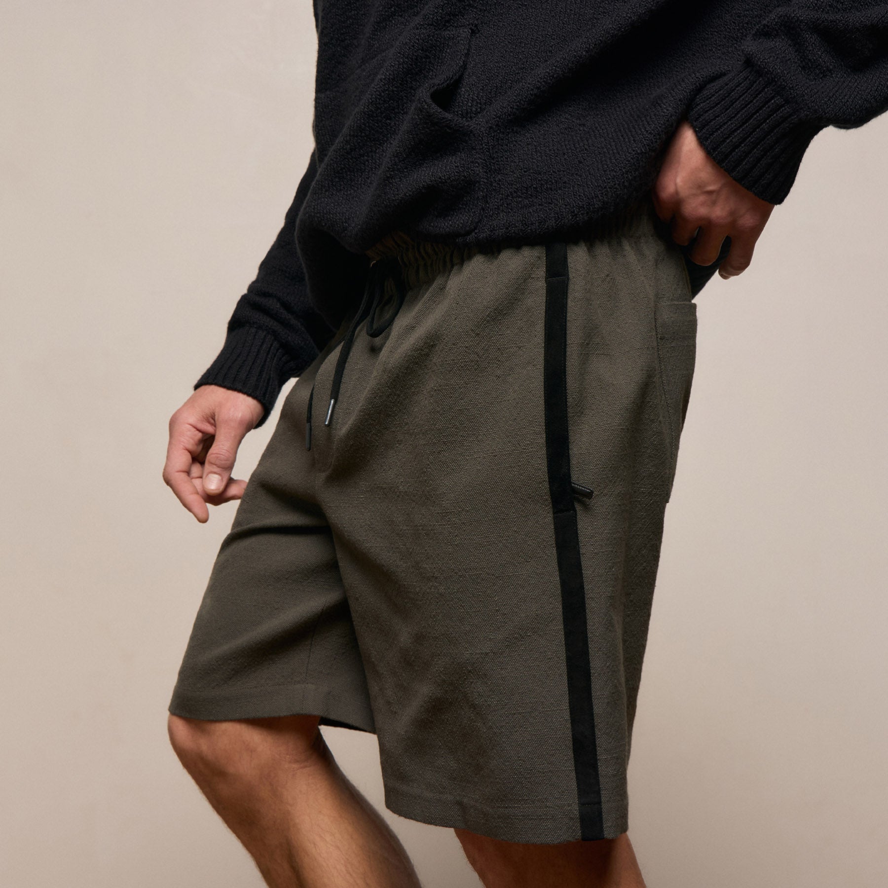 Suede Trimmed Track Short in Dark Olive/Black | James Perse Los Angeles