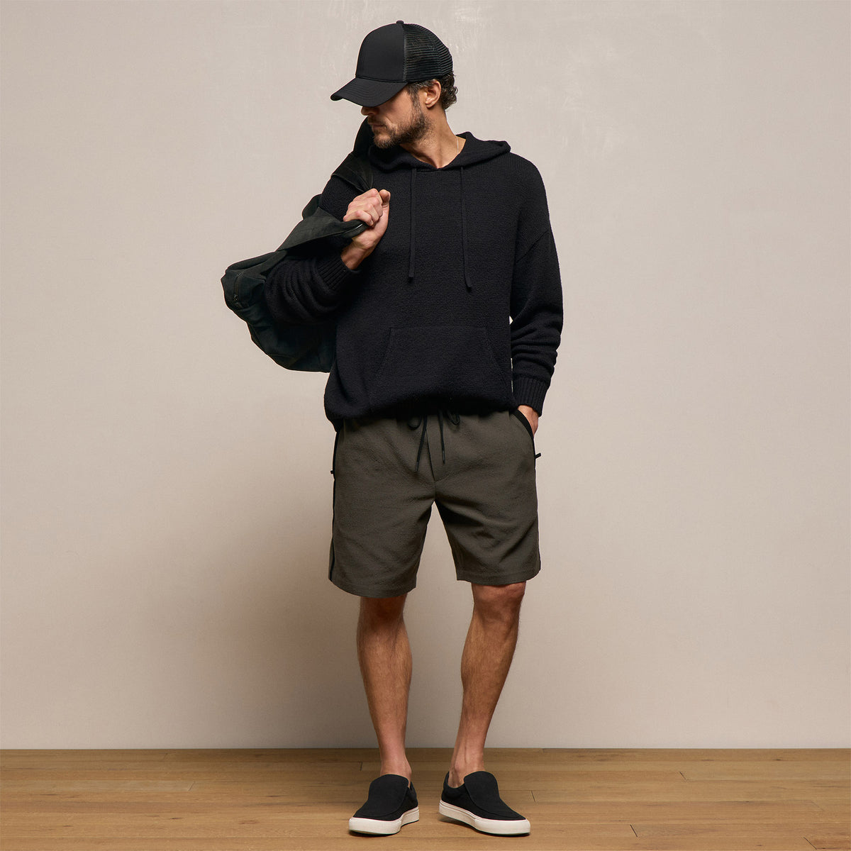Suede Trimmed Track Short - Dark Olive/Black