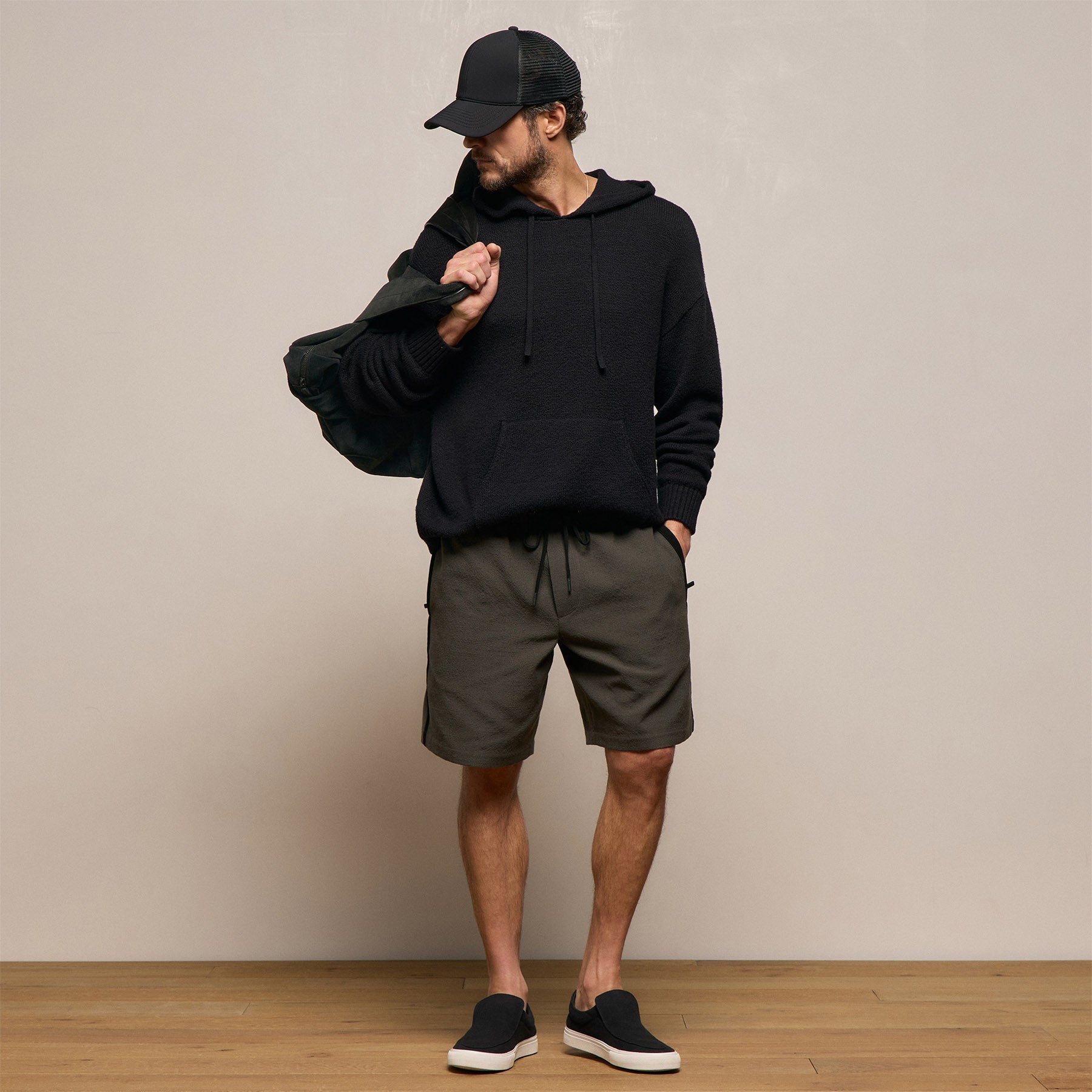 Suede Trimmed Track Short - Dark Olive/Black