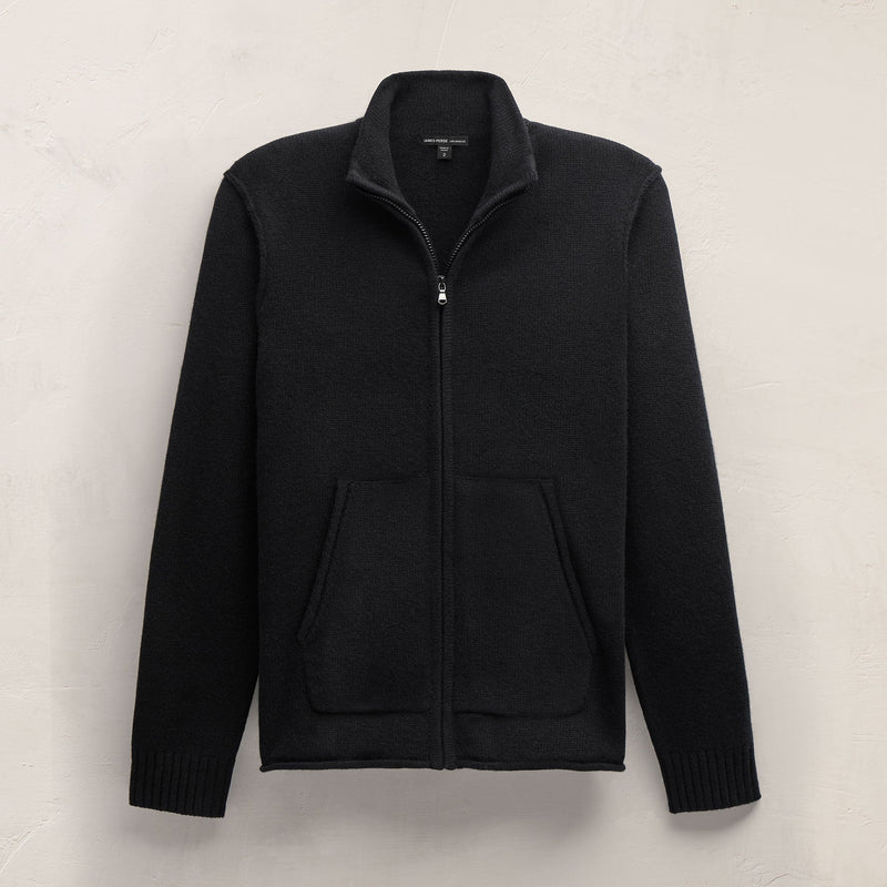 Recycled Cashmere Full Zip Sweater in Black | James Perse Los Angeles FLAT
