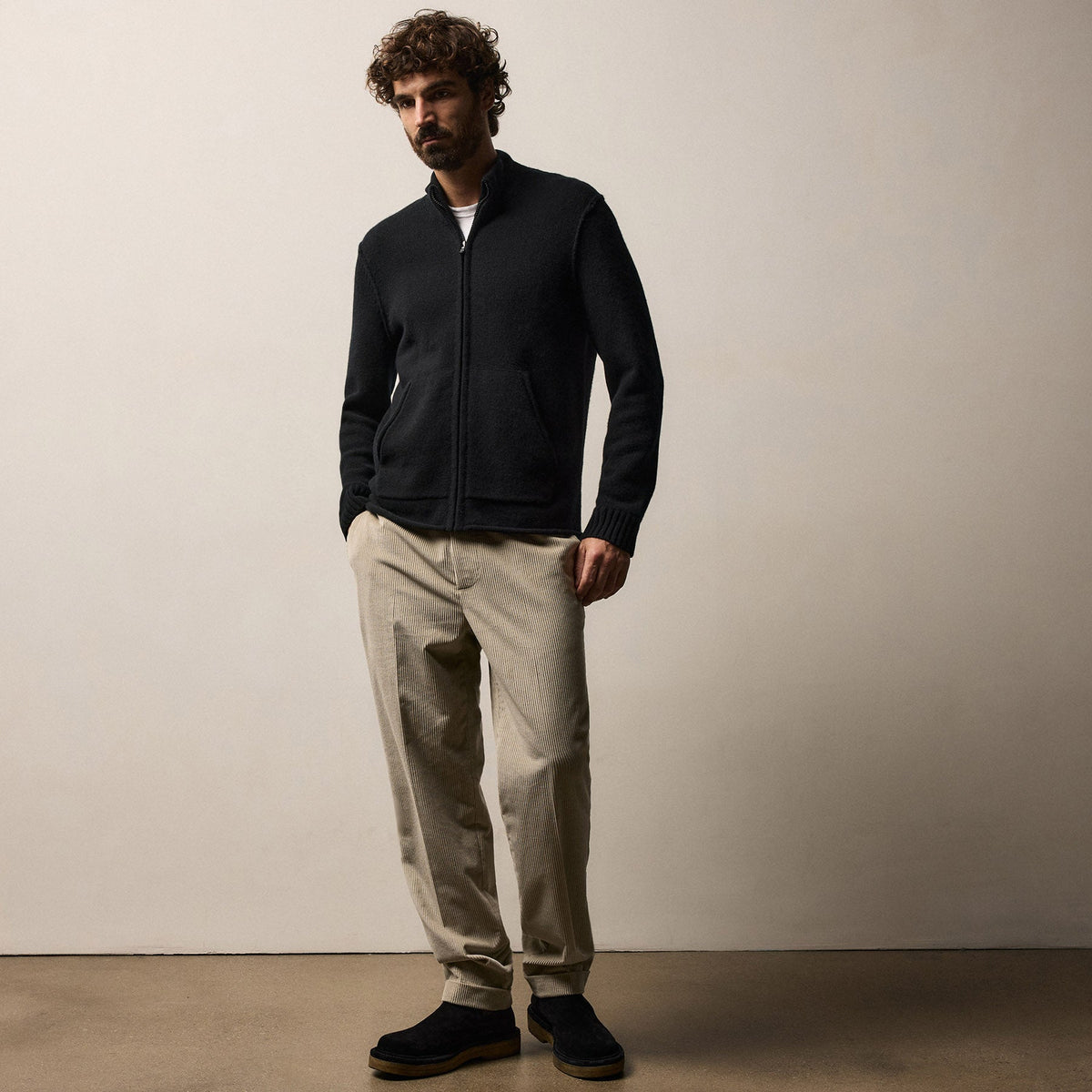 Recycled Cashmere Full Zip Sweater in Black | James Perse Los Angeles