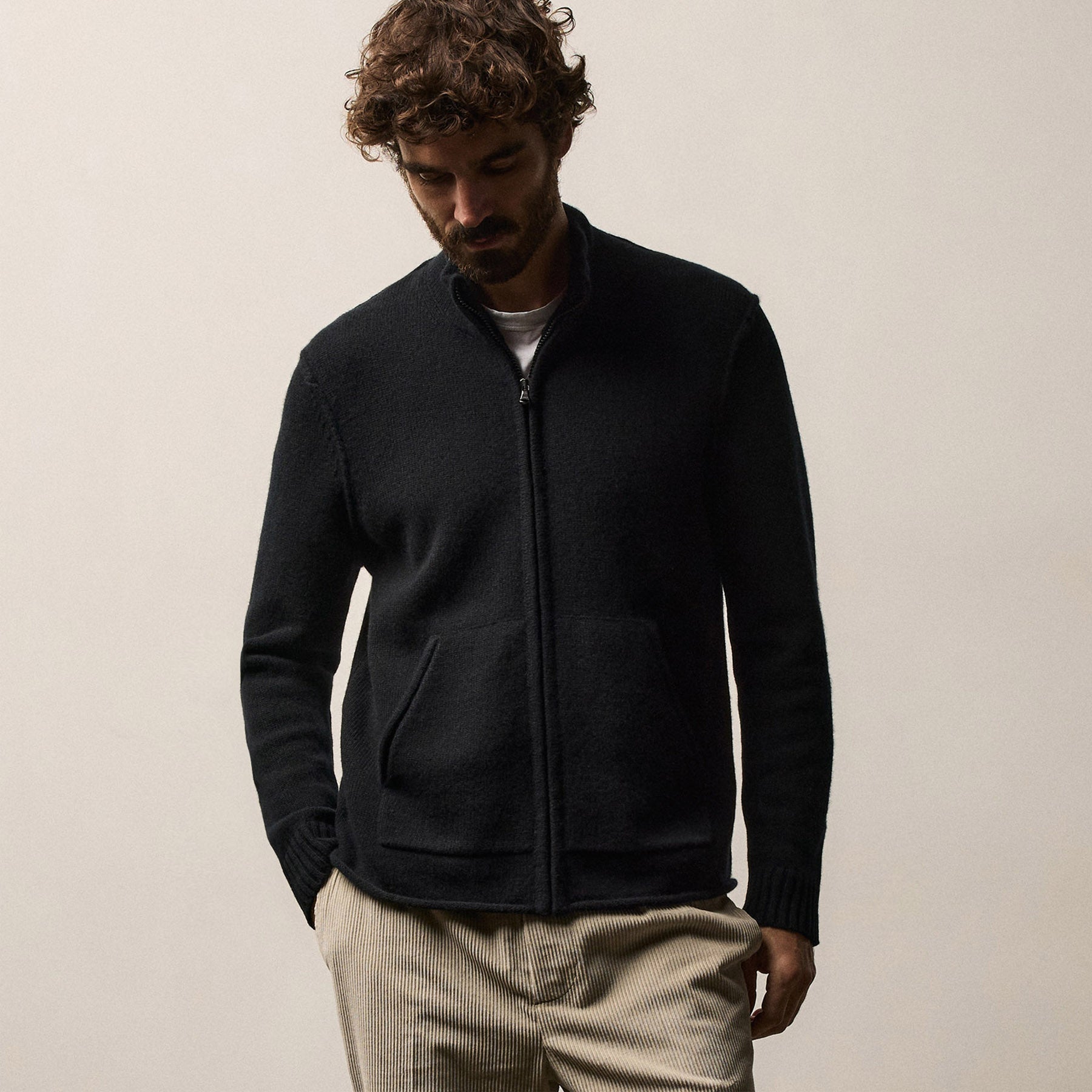 Recycled Cashmere Full Zip Sweater in Black | James Perse Los Angeles