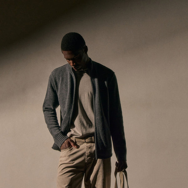 Recycled Cashmere Full Zip Sweater in Flannel | James Perse Los Angeles