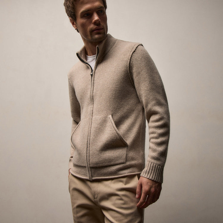 Recycled Cashmere Full Zip Sweater - Stone