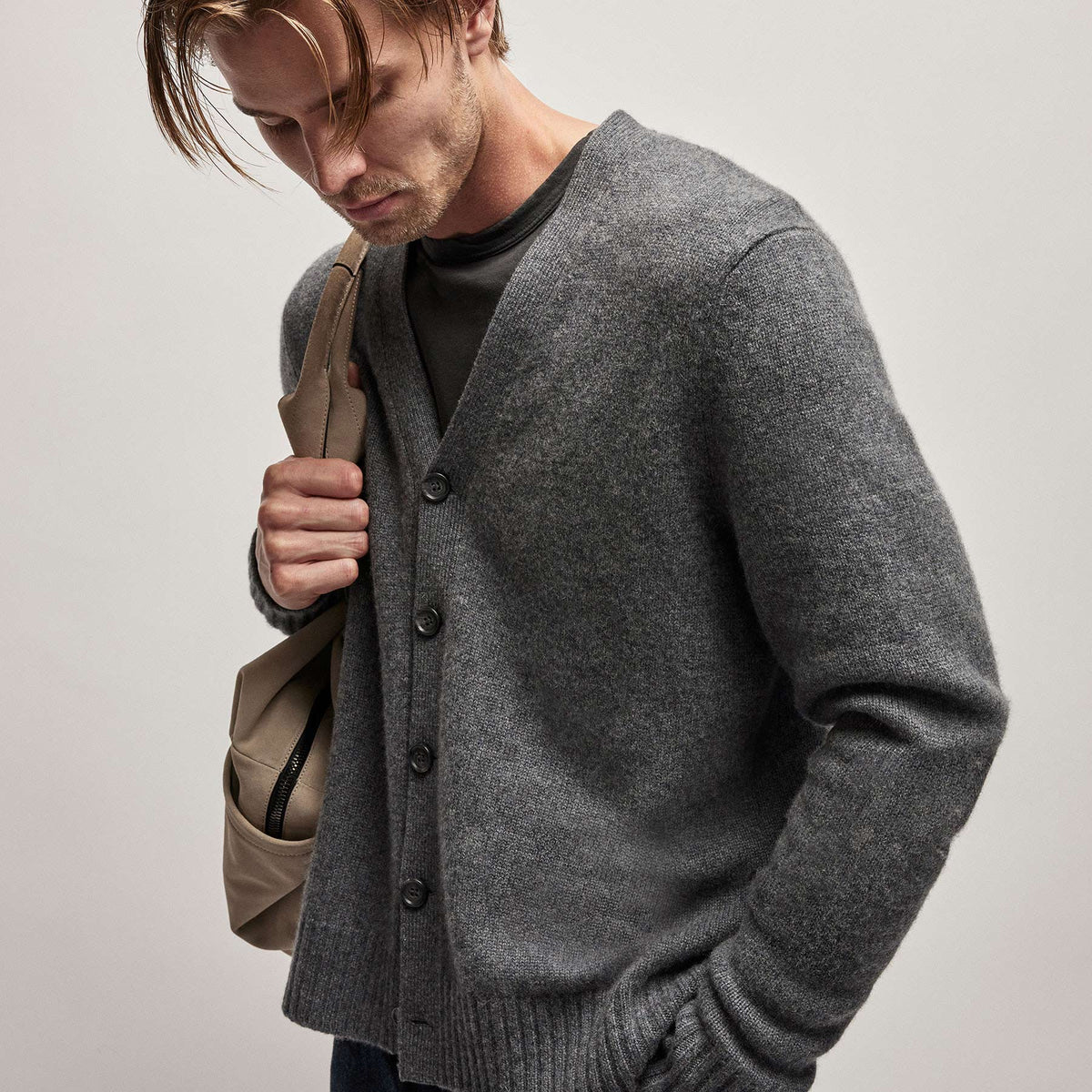 Recycled Cashmere Cardigan in Flannel | James Perse Los Angeles