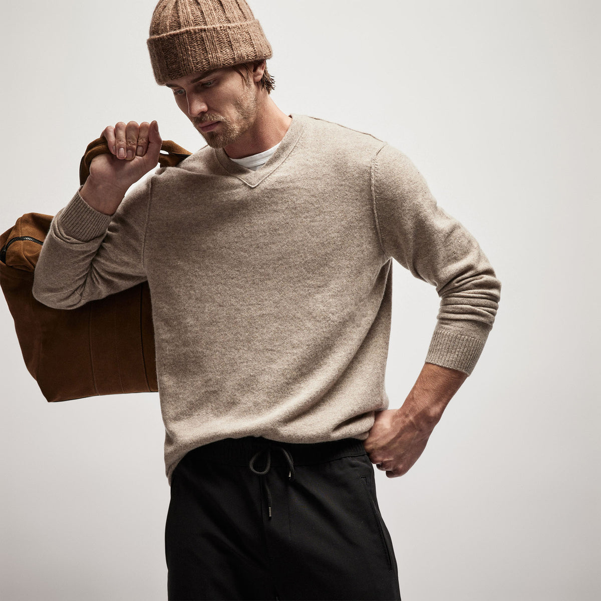 Cashmere V Neck Sweater in Coyote | James Perse Los Angeles
