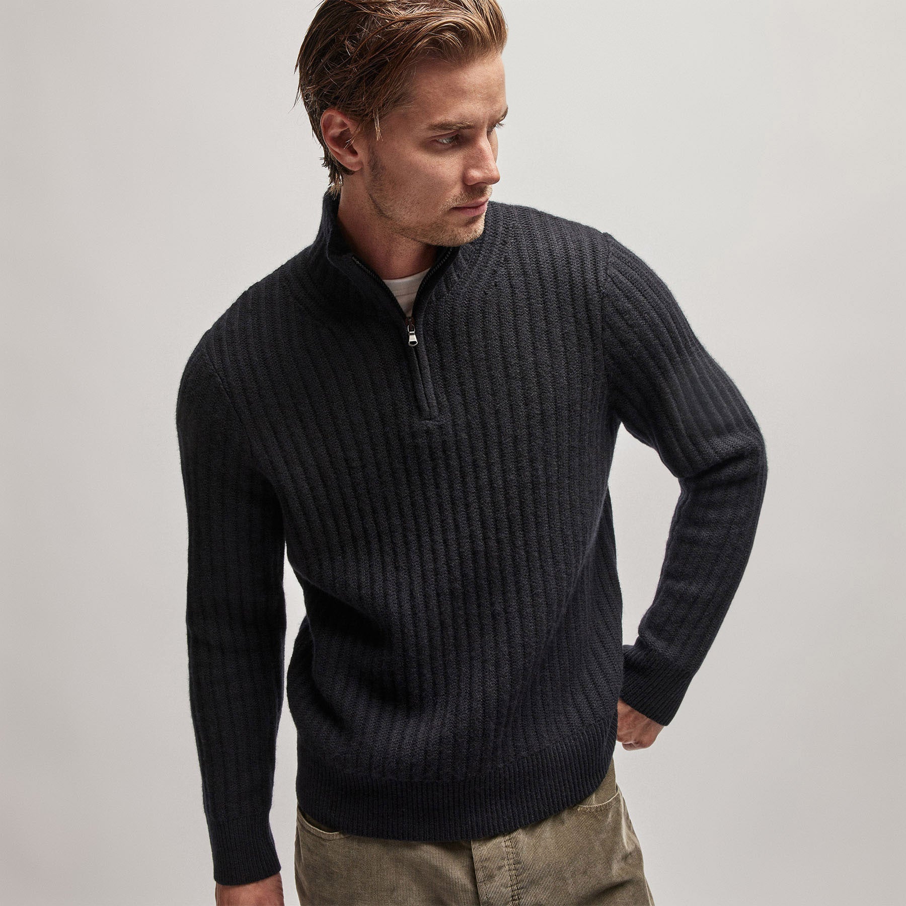 Cashmere Rib Half Zip Sweater - Black | James Perse Los Angeles
