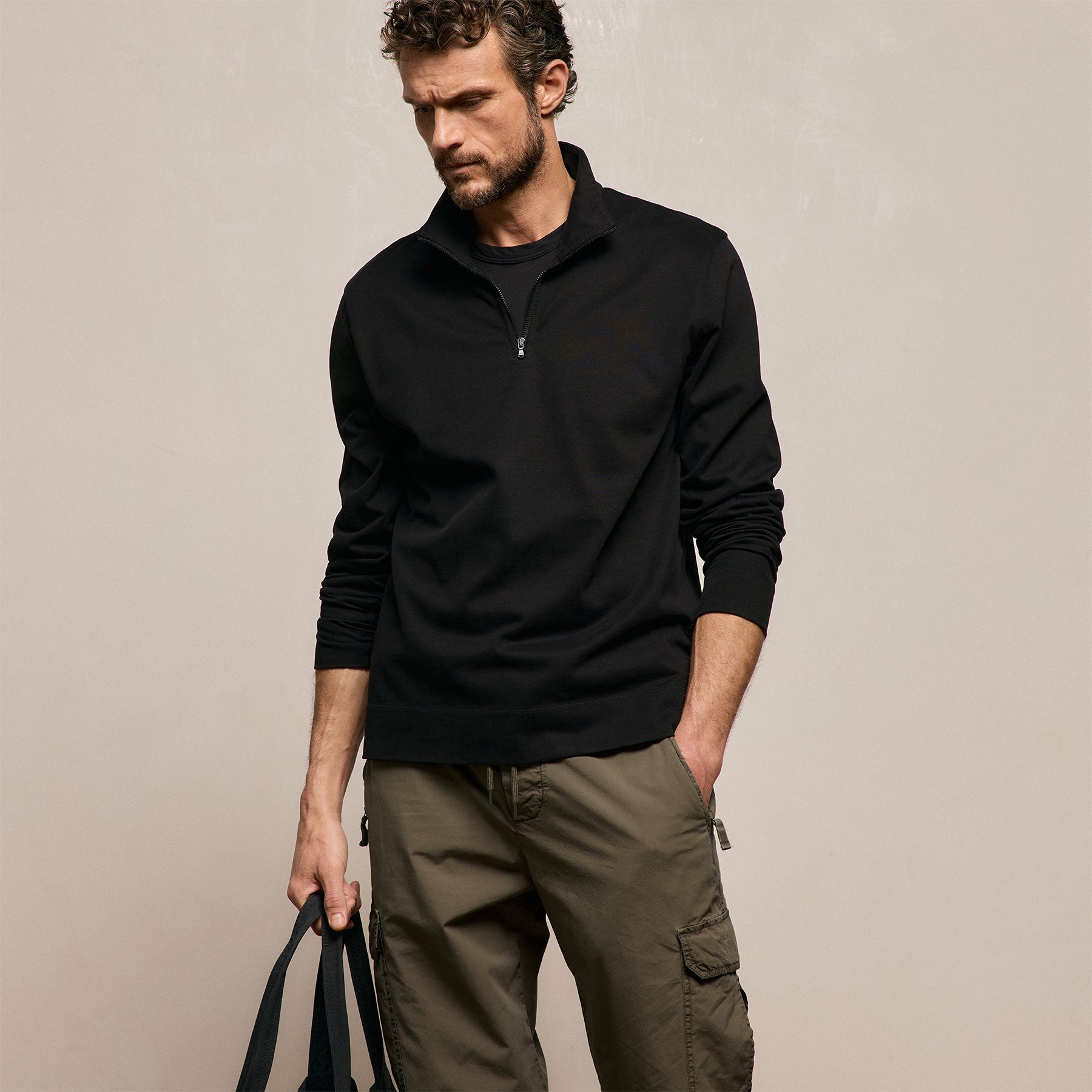 Organic Sueded Jersey Half Zip in Black | James Perse Los Angeles