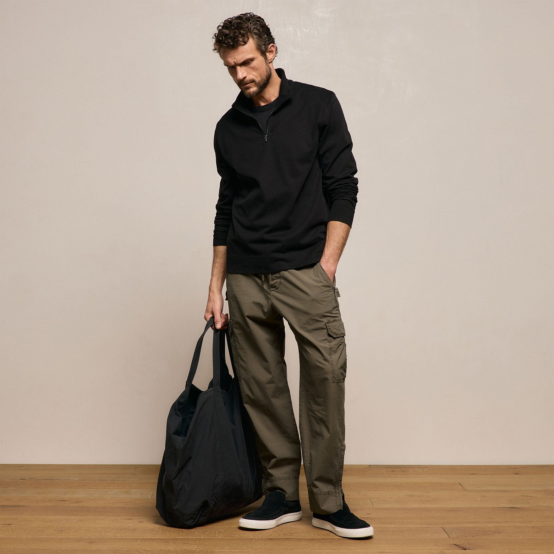 Organic Sueded Jersey Half Zip in Black | James Perse Los Angeles