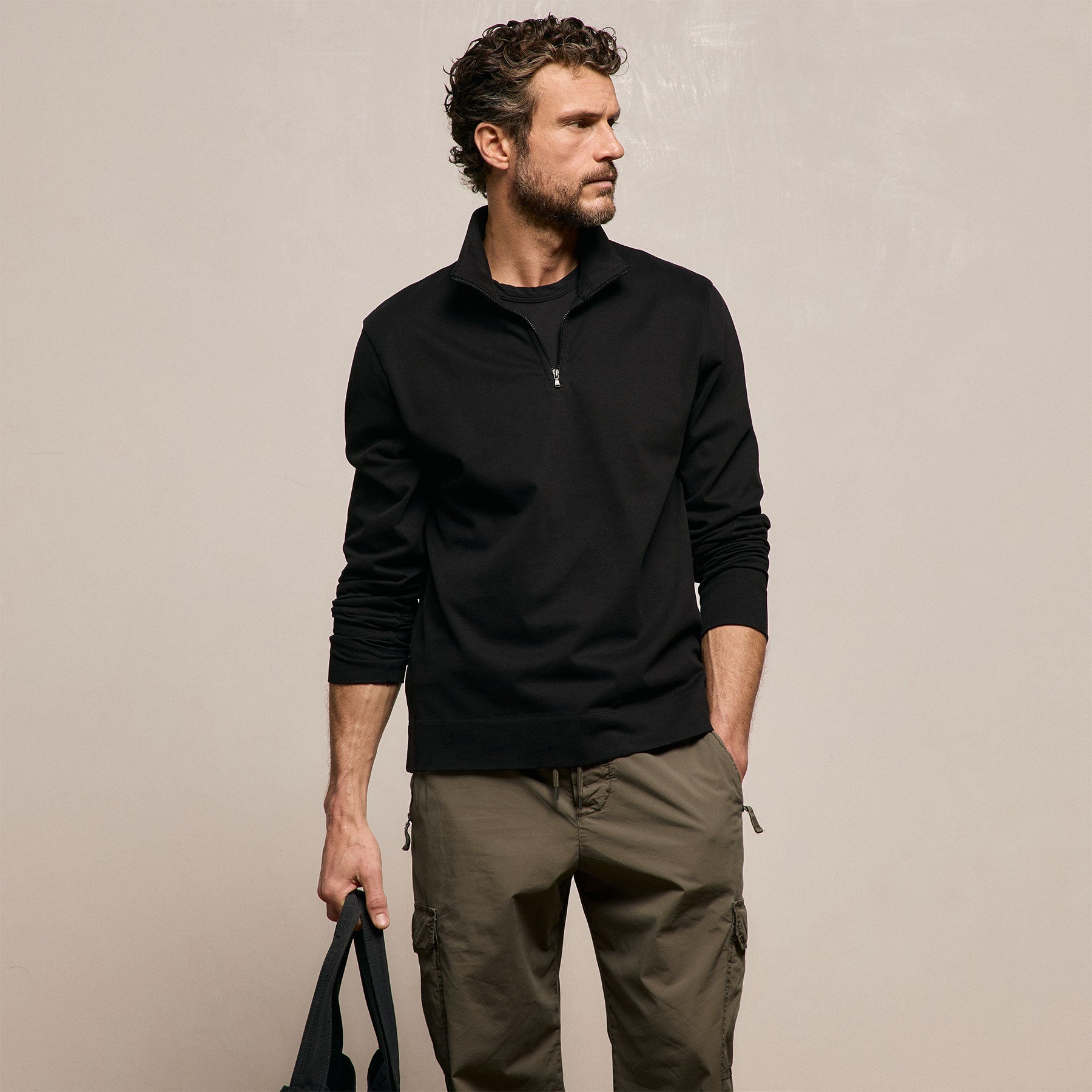 Organic Sueded Jersey Half Zip in Black | James Perse Los Angeles