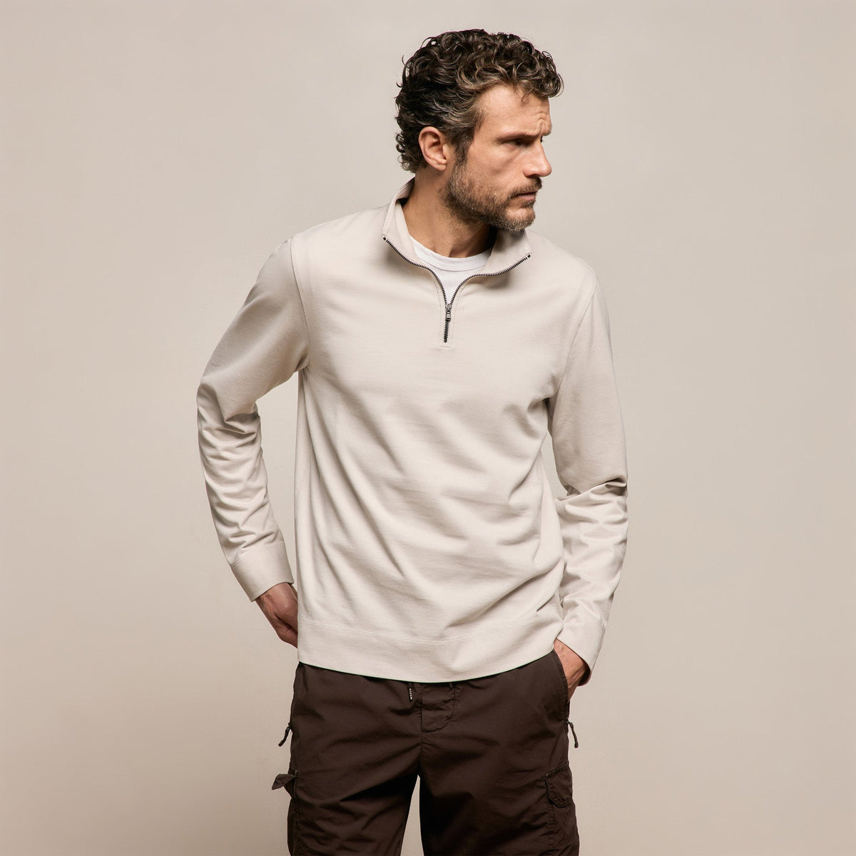 Organic Sueded Jersey Half Zip in Pearl | James Perse Los Angeles
