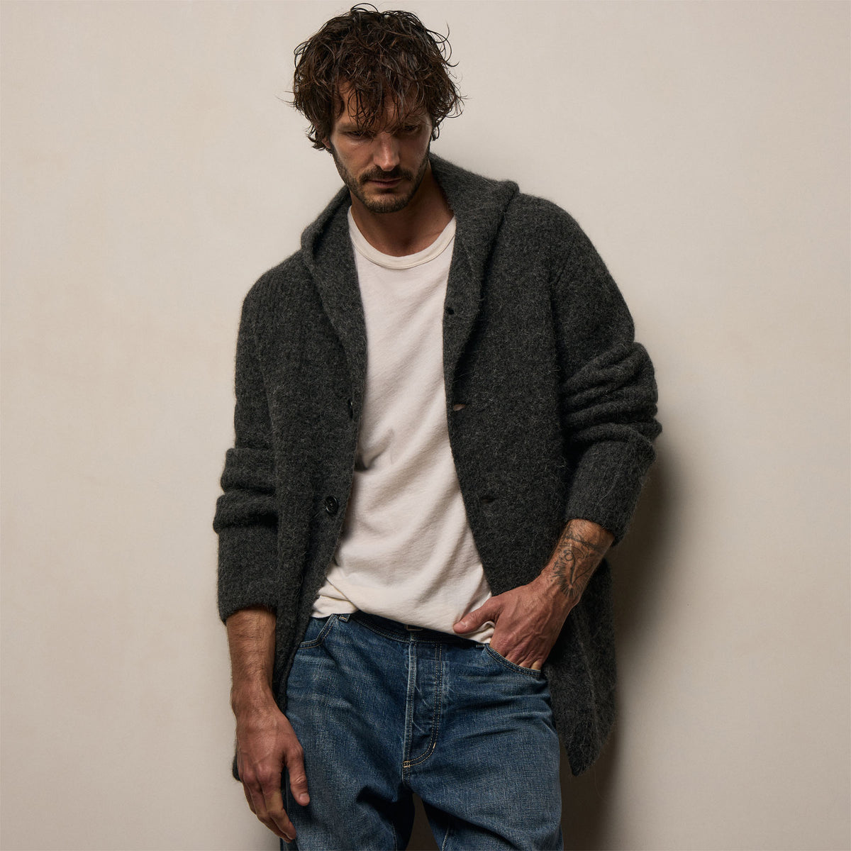 Chunky Waffle Knit Hooded Coat - Anthracite