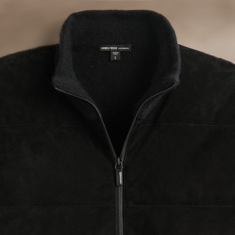 Suede Front Zip Up Sweater  in Black | James Perse Los Angeles