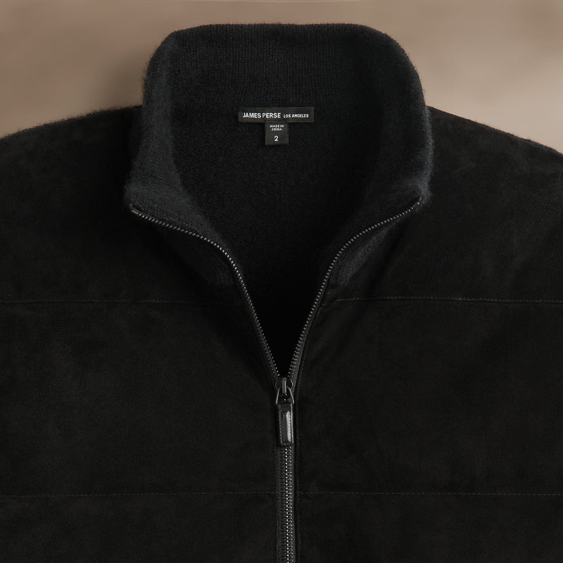 Suede Front Zip Up Sweater  in Black | James Perse Los Angeles